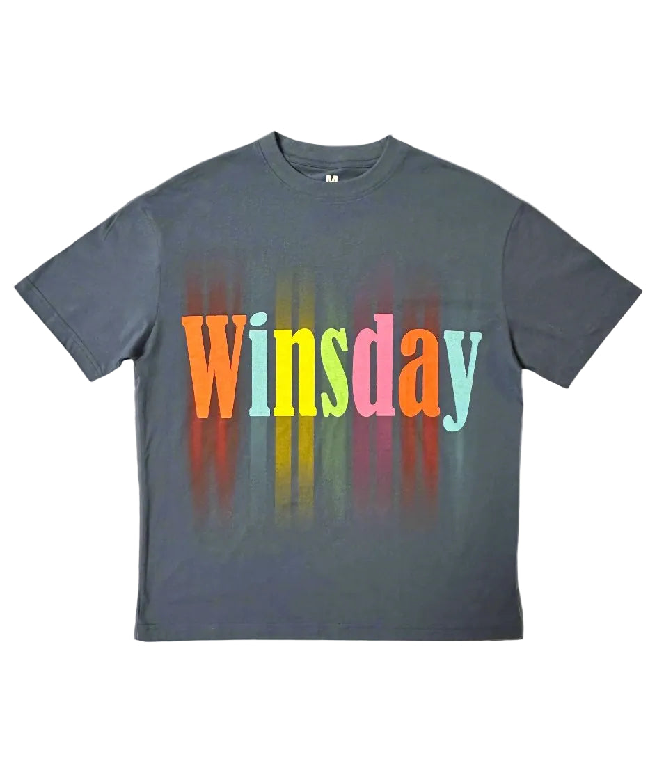 A blue t-shirt with the text 'WINSDAY' printed in a colorful design on the front.
