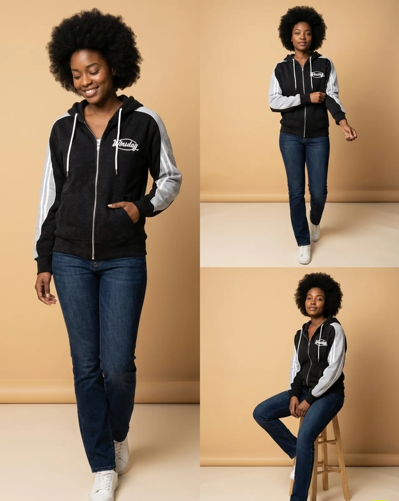Woman wearing a black and white hoodie with a cursive winsday logo, sitting and standing on a beige background.